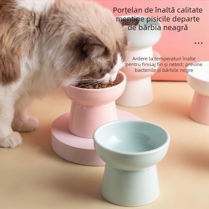 Vas ceramic pentru pisici cu picioare înalte, design anti-răsturnare pentru apă și mâncare