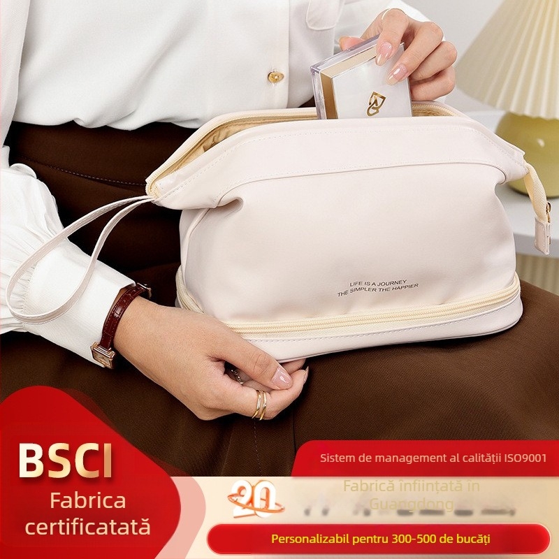 Posetă de machiaj din PU pentru călătorii – Impermeabilă, Capacitate mare, Feminin, Model monocrom, Căptușeală poliester