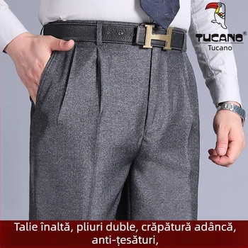 Pantaloni pentru bărbați cu pliuri duble, talie înaltă, croială lejeră, drepti, din poliester