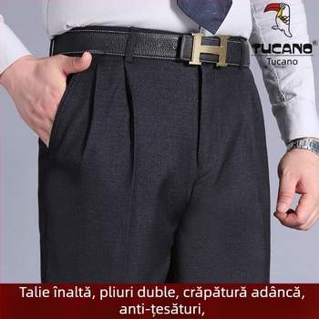 Pantaloni pentru bărbați cu pliuri duble, talie înaltă, croială lejeră, drepti, din poliester