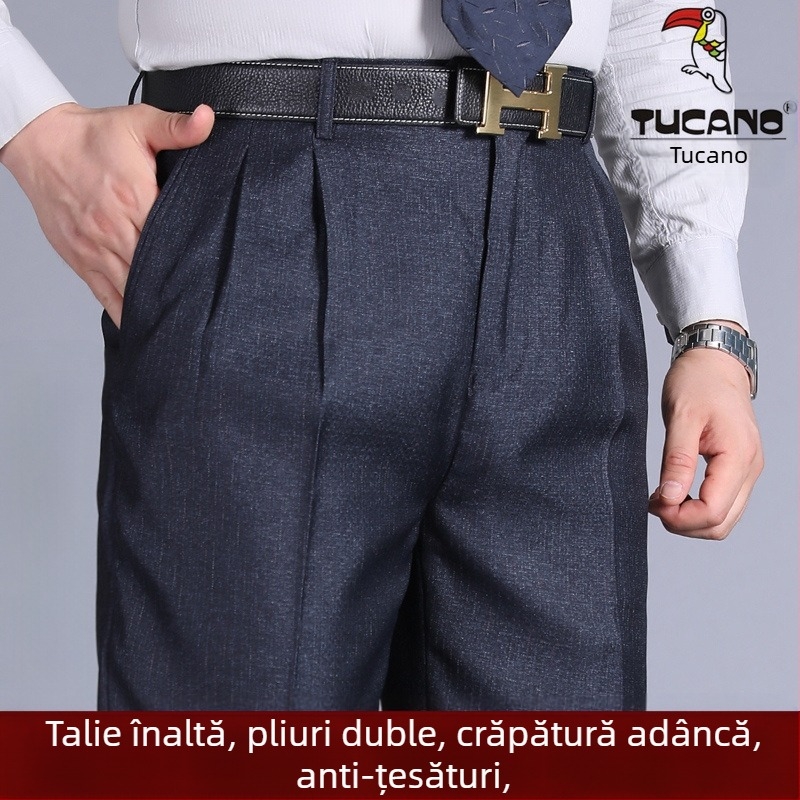 Pantaloni pentru bărbați cu pliuri duble, talie înaltă, croială lejeră, drepti, din poliester