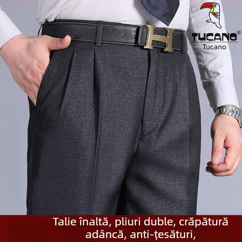 Pantaloni pentru bărbați cu pliuri duble, talie înaltă, croială lejeră, drepti, din poliester