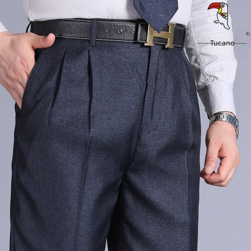 Pantaloni pentru bărbați cu pliuri duble, talie înaltă, croială lejeră, drepti, din poliester