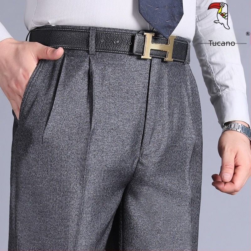 Pantaloni pentru bărbați cu pliuri duble, talie înaltă, croială lejeră, drepti, din poliester