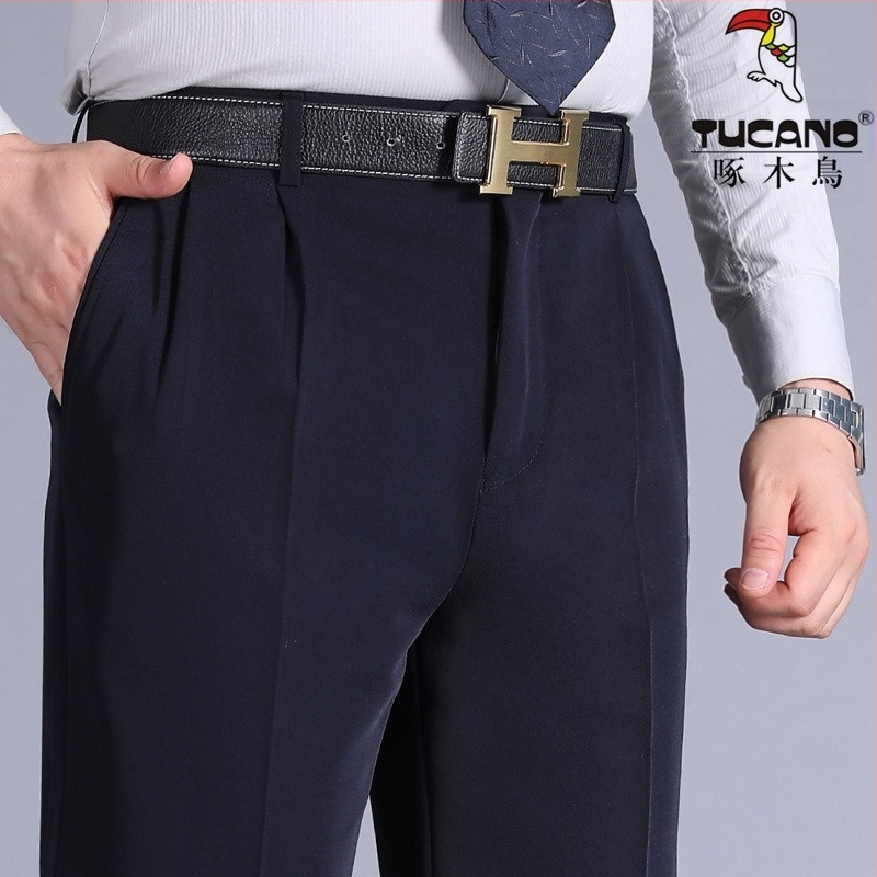 Pantaloni pentru bărbați cu pliuri duble, talie înaltă, croială lejeră, drepti, din poliester