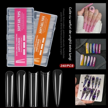 Vârfuri de unghii - Extra lungi, Formă balerină, Acoperire totală, Material ABS, Cutie cu 240 bucăți