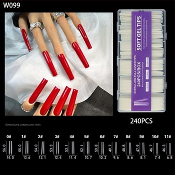 Vârfuri de unghii - Extra lungi, Formă balerină, Acoperire totală, Material ABS, Cutie cu 240 bucăți