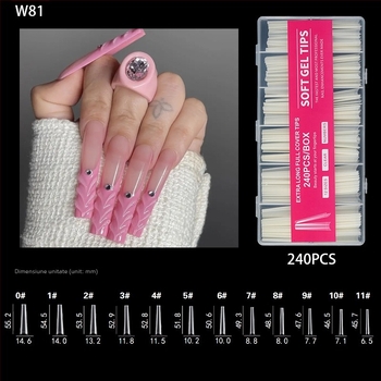 Vârfuri de unghii - Extra lungi, Formă balerină, Acoperire totală, Material ABS, Cutie cu 240 bucăți