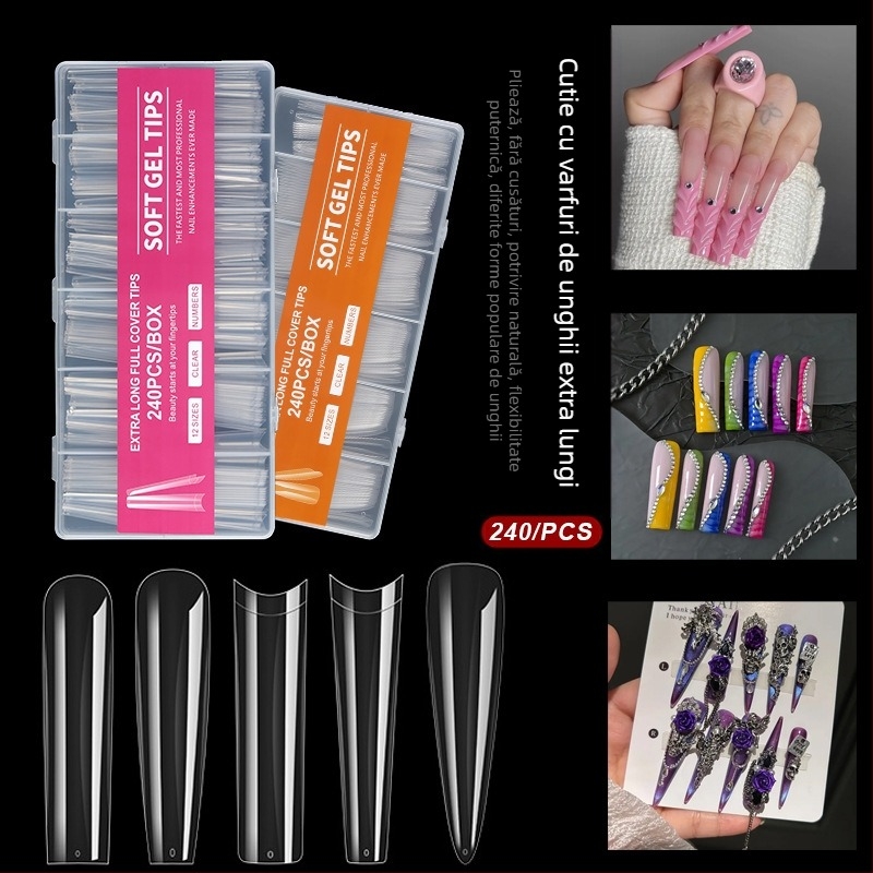 Vârfuri de unghii - Extra lungi, Formă balerină, Acoperire totală, Material ABS, Cutie cu 240 bucăți