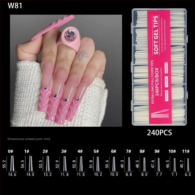Vârfuri de unghii - Extra lungi, Formă balerină, Acoperire totală, Material ABS, Cutie cu 240 bucăți