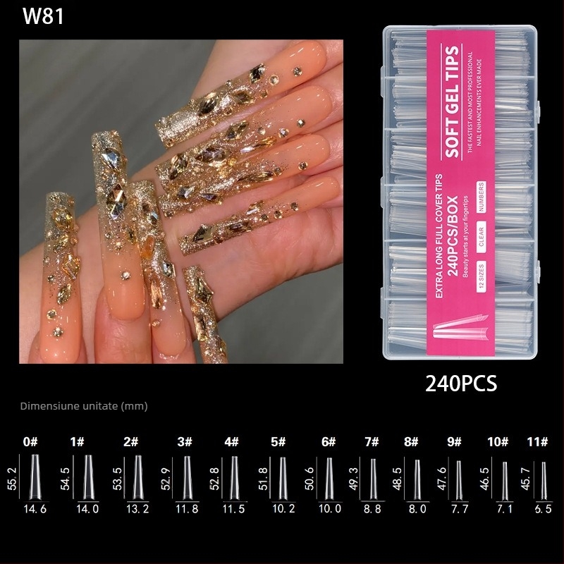 Vârfuri de unghii - Extra lungi, Formă balerină, Acoperire totală, Material ABS, Cutie cu 240 bucăți