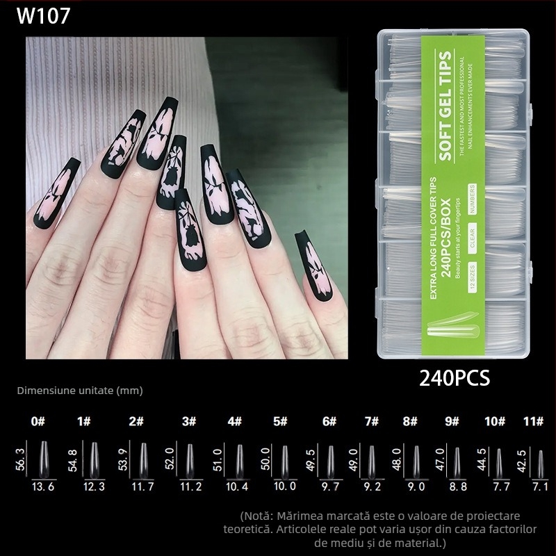 Vârfuri de unghii - Extra lungi, Formă balerină, Acoperire totală, Material ABS, Cutie cu 240 bucăți