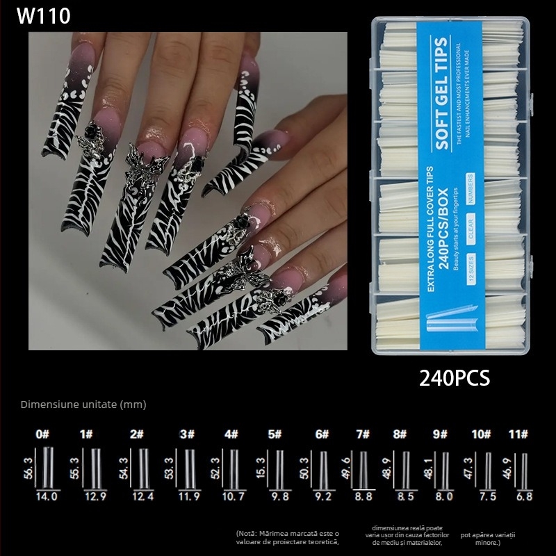 Vârfuri de unghii - Extra lungi, Formă balerină, Acoperire totală, Material ABS, Cutie cu 240 bucăți