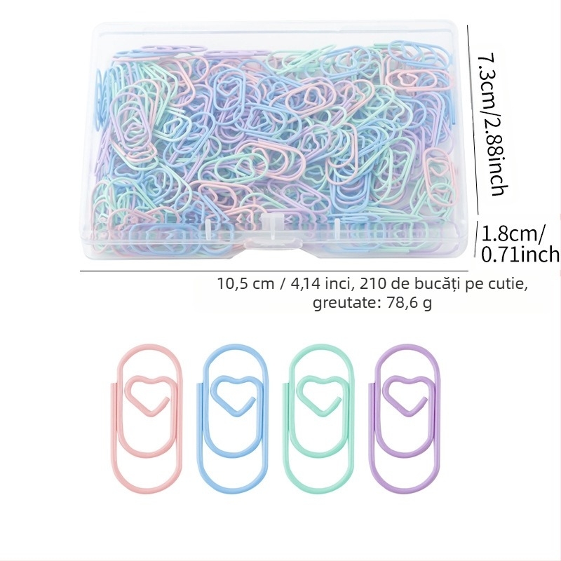 Clipuri de hârtie mini în formă de inimă, construcție metal-plastic, în cutie transparentă – papetărie de birou