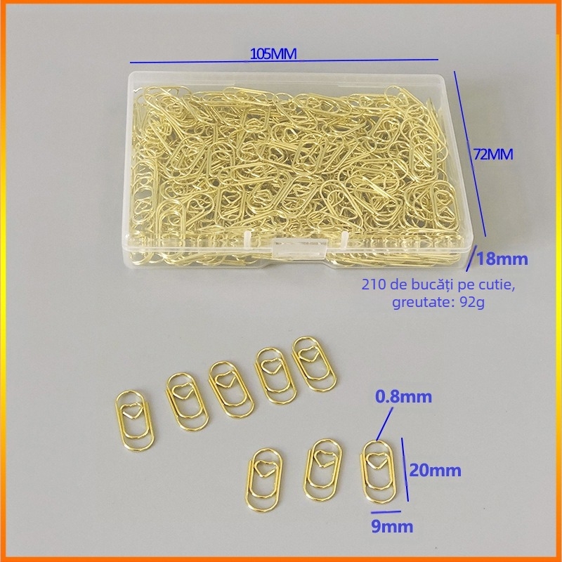 Clipuri de hârtie mini în formă de inimă, construcție metal-plastic, în cutie transparentă – papetărie de birou