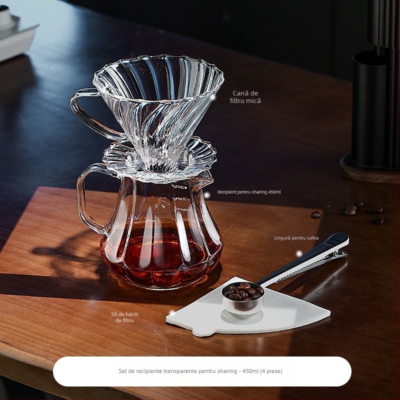 Bincoo Oală de cafea din sticlă pentru împărțire, cu ceașcă de degustare și filtru – stil modern minimalist, design simplu