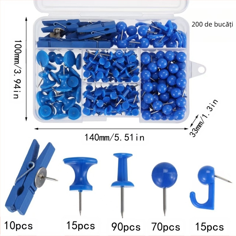 Set birou: 200 de ace pentru tablă din plută, cutie cu cinci compartimente, ace în formă de I cu clipsuri pentru ace, croșete