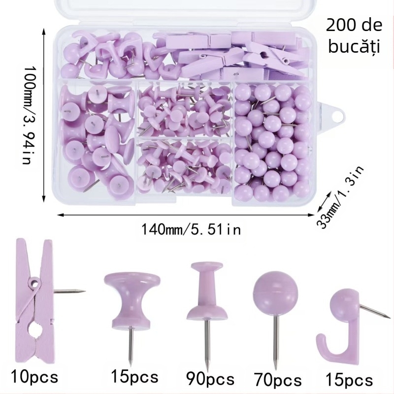 Set birou: 200 de ace pentru tablă din plută, cutie cu cinci compartimente, ace în formă de I cu clipsuri pentru ace, croșete