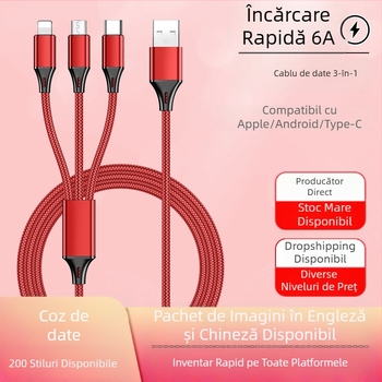 Dingrui Cablu de Încărcare 3-în-1 din nailon, Lightning, Micro USB, USB-C, 1.2 m, Încărcare Rapidă