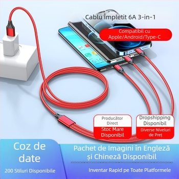 Dingrui Cablu de Încărcare 3-în-1 din nailon, Lightning, Micro USB, USB-C, 1.2 m, Încărcare Rapidă