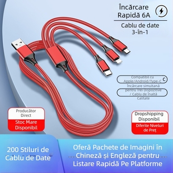 Dingrui Cablu de Încărcare 3-în-1 din nailon, Lightning, Micro USB, USB-C, 1.2 m, Încărcare Rapidă