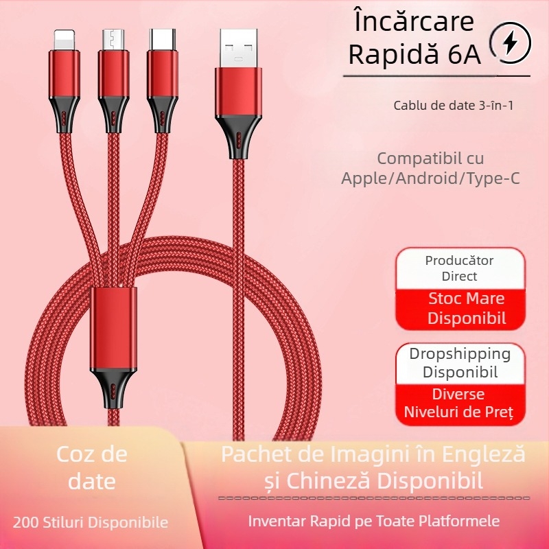 Dingrui Cablu de Încărcare 3-în-1 din nailon, Lightning, Micro USB, USB-C, 1.2 m, Încărcare Rapidă