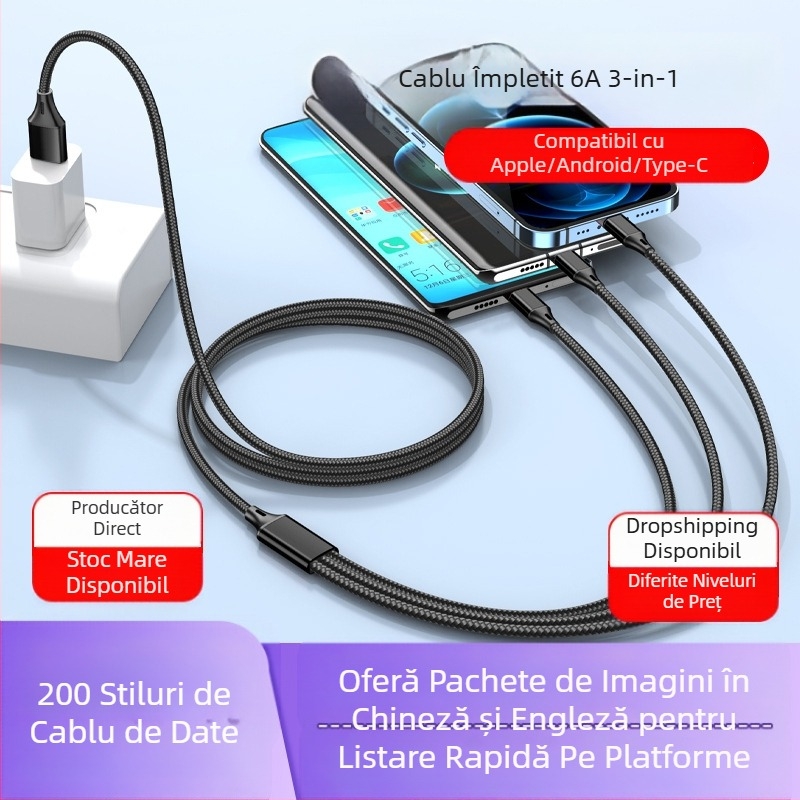 Dingrui Cablu de Încărcare 3-în-1 din nailon, Lightning, Micro USB, USB-C, 1.2 m, Încărcare Rapidă