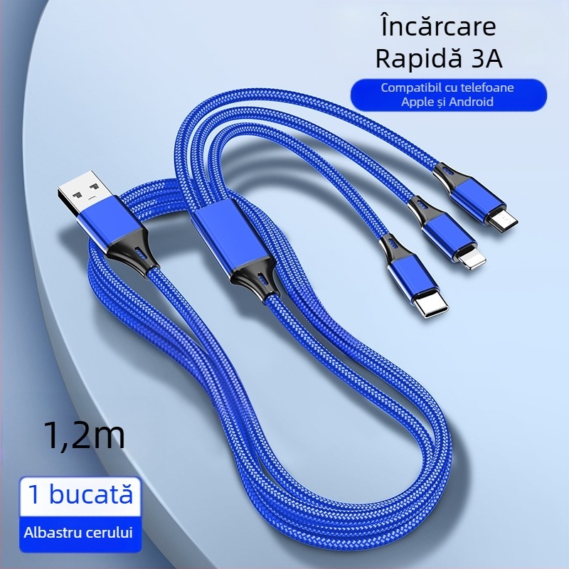 Dingrui Cablu de Încărcare 3-în-1 din nailon, Lightning, Micro USB, USB-C, 1.2 m, Încărcare Rapidă