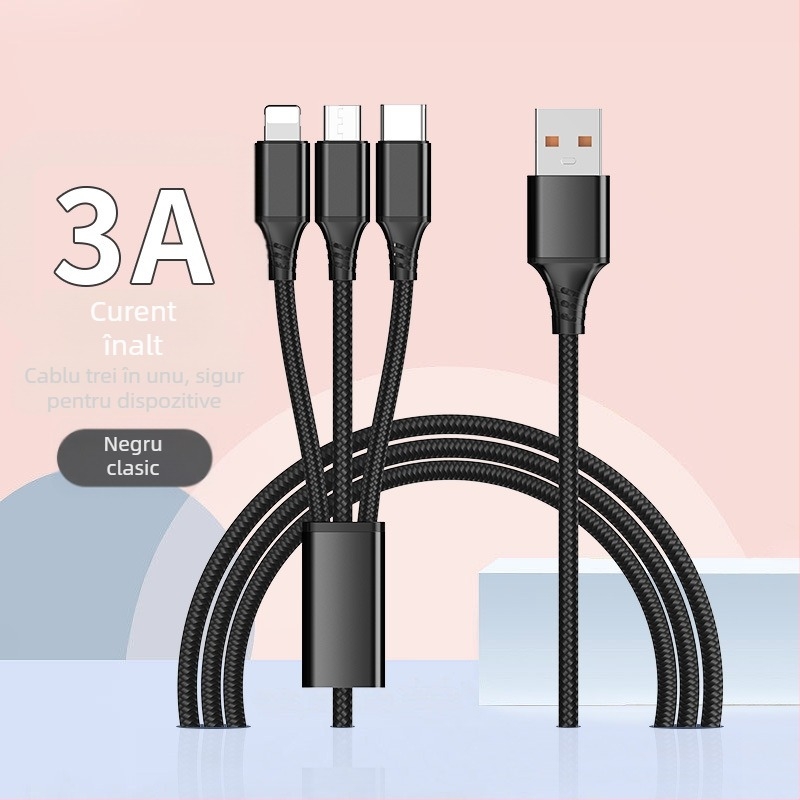Dingrui Cablu de Încărcare 3-în-1 din nailon, Lightning, Micro USB, USB-C, 1.2 m, Încărcare Rapidă