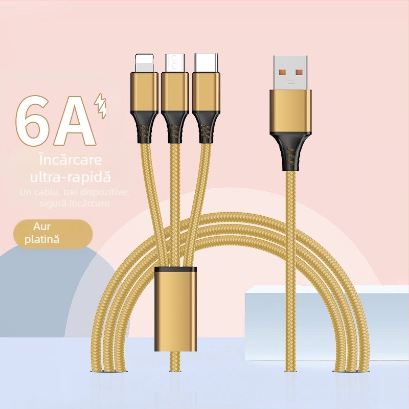 Dingrui Cablu de Încărcare 3-în-1 din nailon, Lightning, Micro USB, USB-C, 1.2 m, Încărcare Rapidă