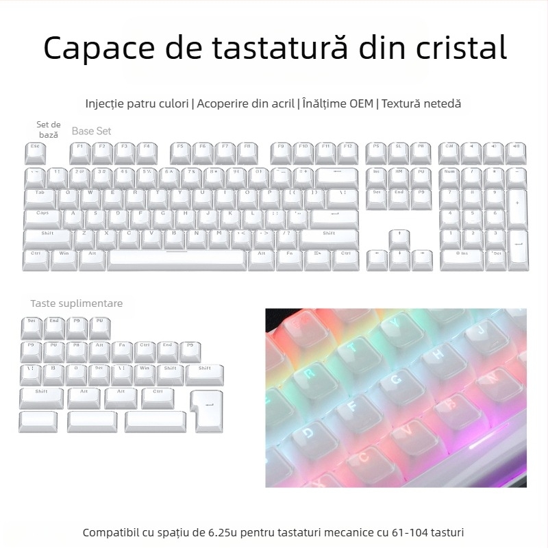 Set de keycaps pentru tastatură mecanică, 113 taste, PC, gravură laterală bi-coloră, compatibil Cross-Shaft