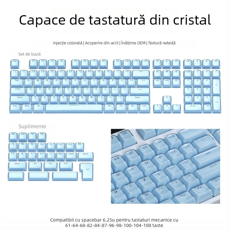 Set de keycaps pentru tastatură mecanică, 113 taste, PC, gravură laterală bi-coloră, compatibil Cross-Shaft
