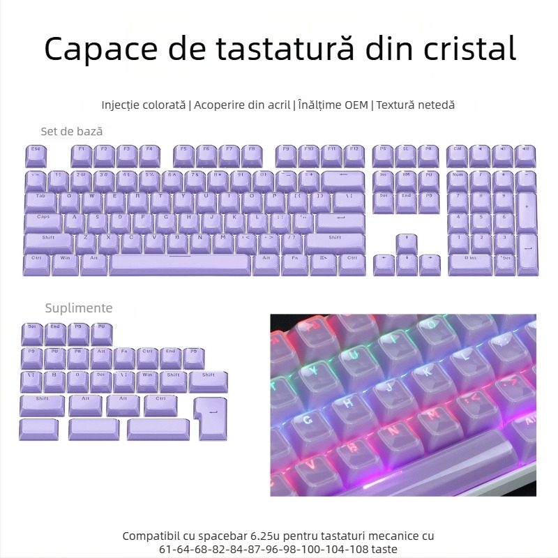 Set de keycaps pentru tastatură mecanică, 113 taste, PC, gravură laterală bi-coloră, compatibil Cross-Shaft