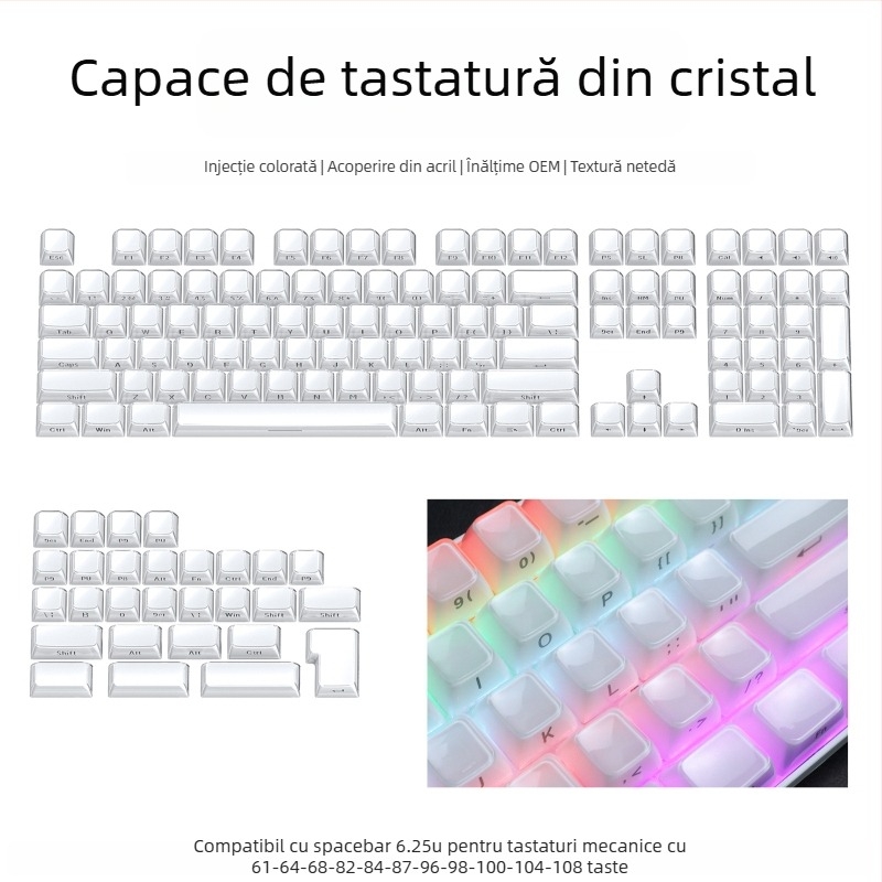 Set de keycaps pentru tastatură mecanică, 113 taste, PC, gravură laterală bi-coloră, compatibil Cross-Shaft