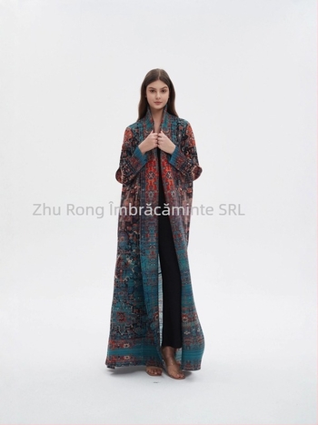 Abaya lungă pentru femei cu broderie florală, textură crinkle din poliester, mâneci lungi
