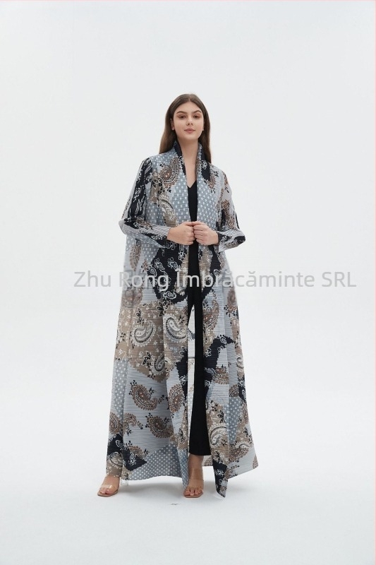 Abaya lungă pentru femei cu broderie florală, textură crinkle din poliester, mâneci lungi