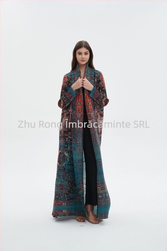 Abaya lungă pentru femei cu broderie florală, textură crinkle din poliester, mâneci lungi
