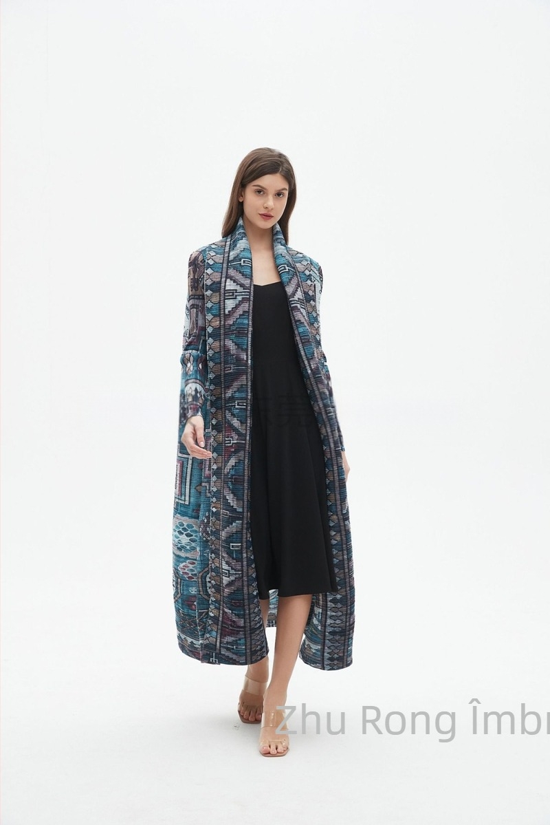 Abaya lungă pentru femei cu broderie florală, textură crinkle din poliester, mâneci lungi