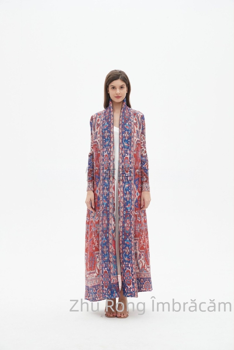 Abaya lungă pentru femei cu broderie florală, textură crinkle din poliester, mâneci lungi