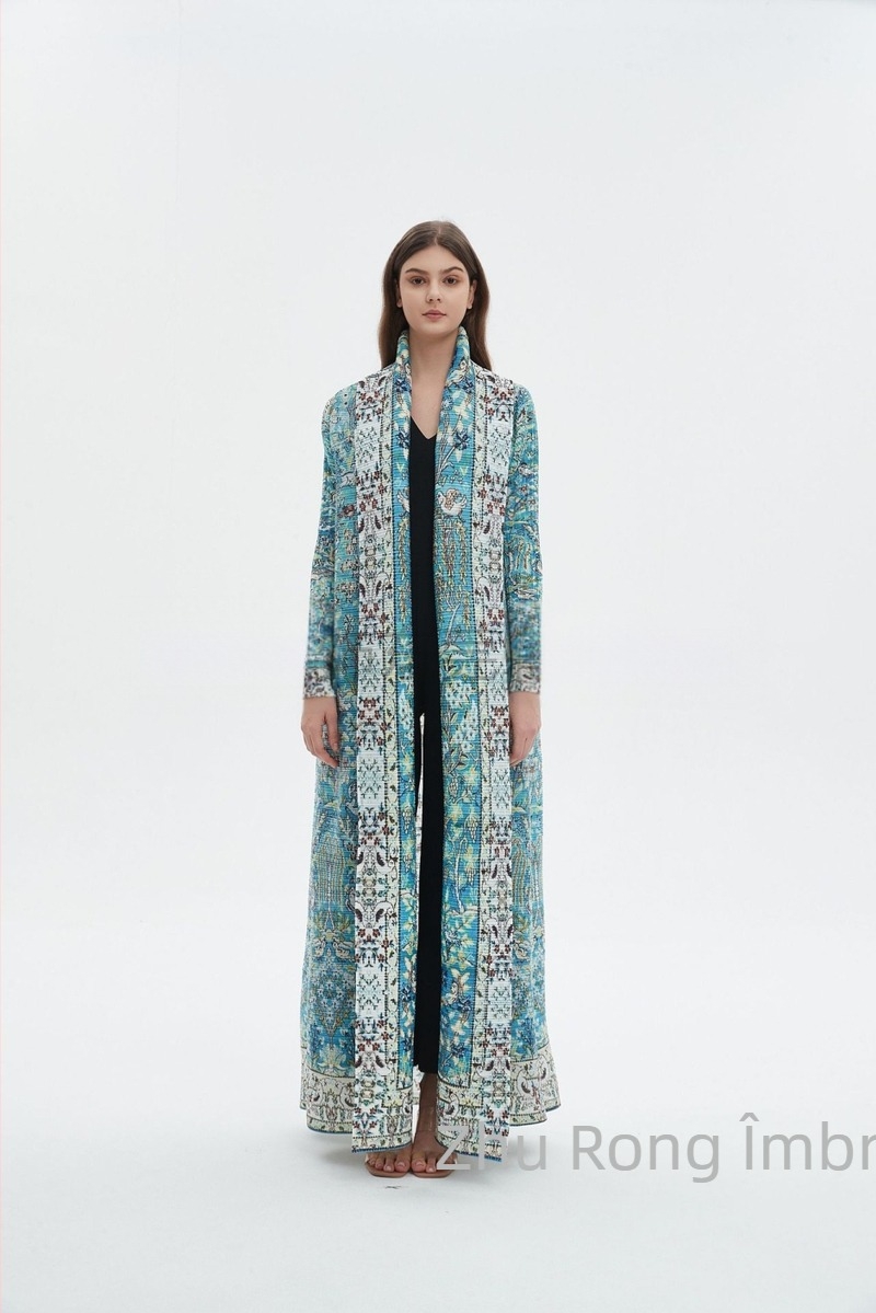 Abaya lungă pentru femei cu broderie florală, textură crinkle din poliester, mâneci lungi