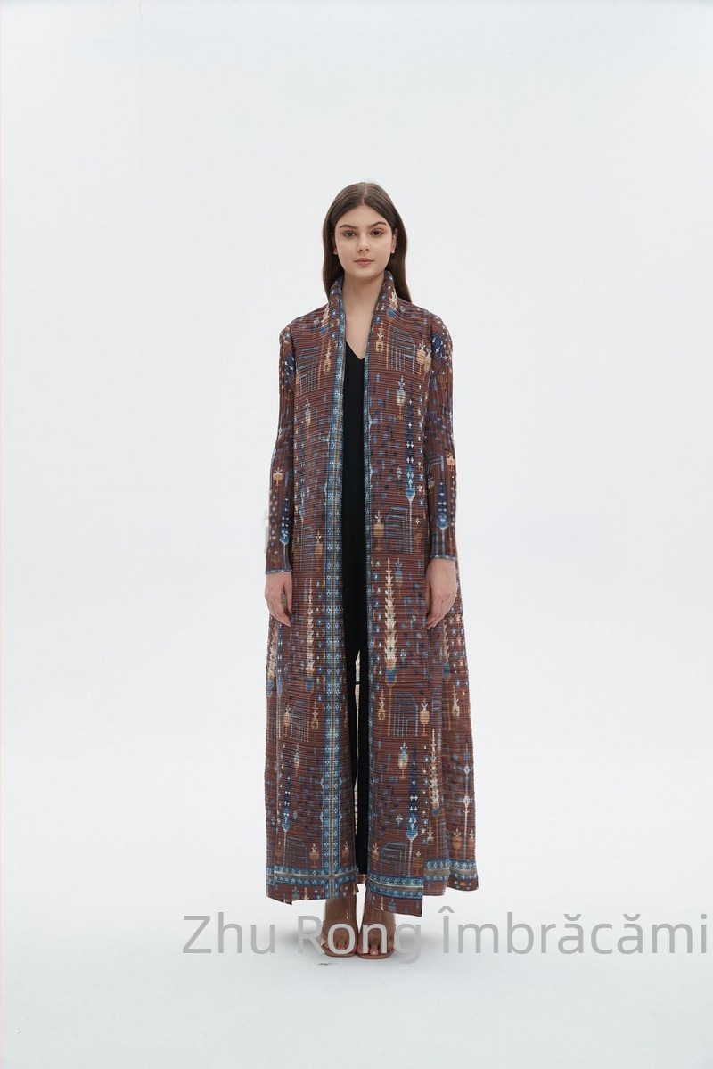 Abaya lungă pentru femei cu broderie florală, textură crinkle din poliester, mâneci lungi