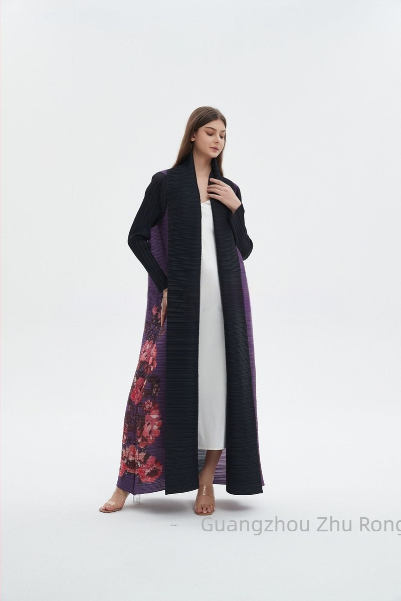 Abaya lungă pentru femei cu broderie florală, textură crinkle din poliester, mâneci lungi