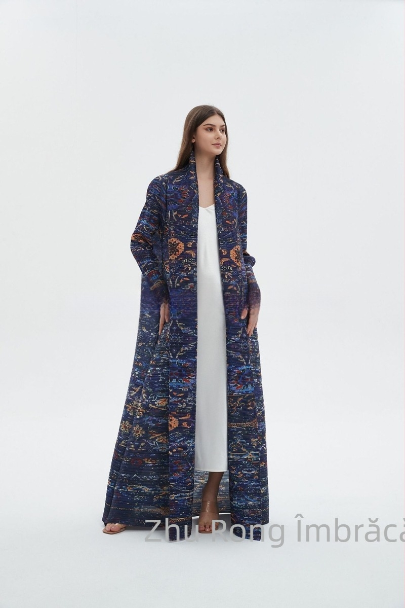Abaya lungă pentru femei cu broderie florală, textură crinkle din poliester, mâneci lungi
