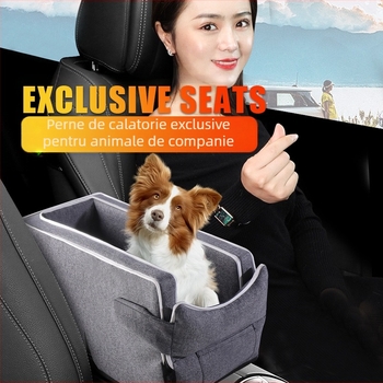 Scaun de siguranță pentru animale — Consolă centrală auto – umplutură pluș, suprafață textilă, universal pentru toate anotimpurile, design minimalist