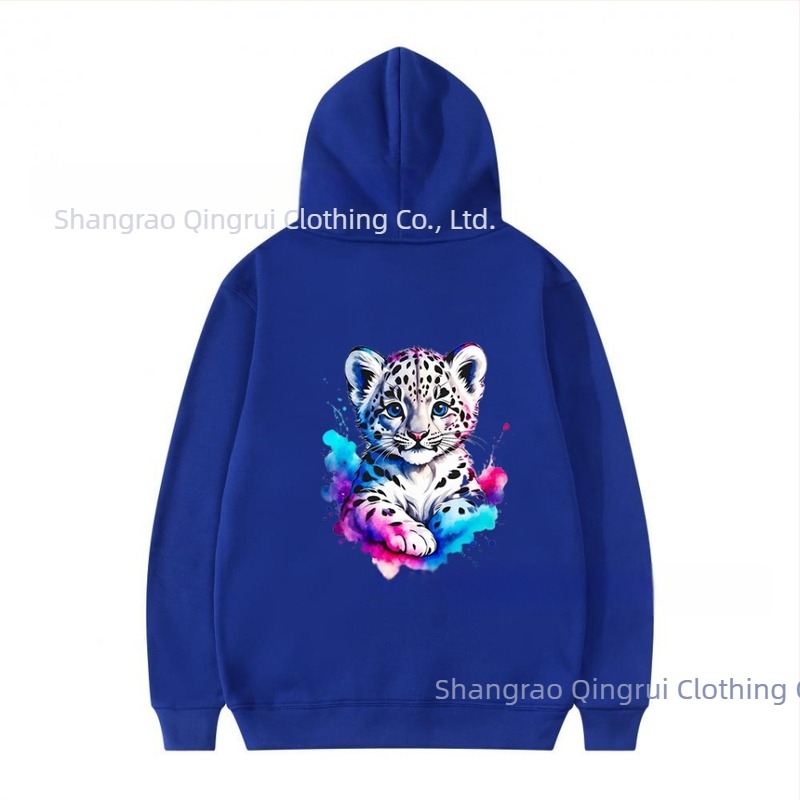 Hanorac din poliester, căptușit cu fleece, imprimeu leopard, croială lejeră, mâneci lungi