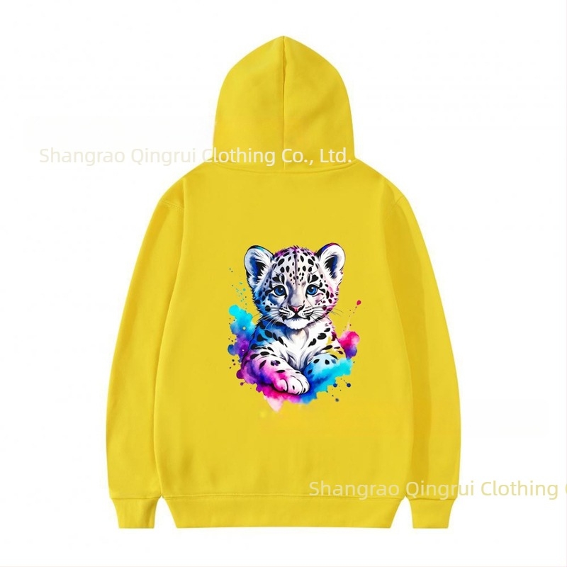 Hanorac din poliester, căptușit cu fleece, imprimeu leopard, croială lejeră, mâneci lungi