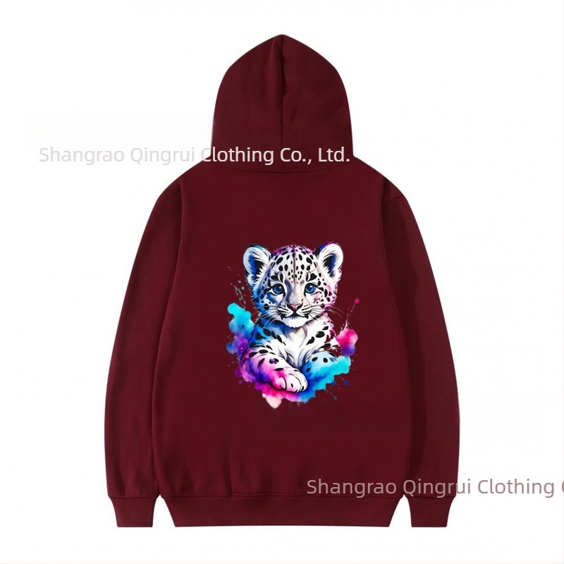 Hanorac din poliester, căptușit cu fleece, imprimeu leopard, croială lejeră, mâneci lungi