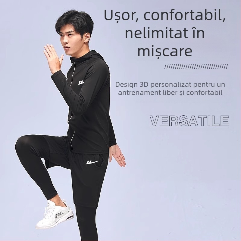 Set de antrenament pentru alergare pentru bărbați – două piese, respirabil, absorbție a umidității, uscare rapidă, guler rotund, mâneci scurte, material poliester-elastan