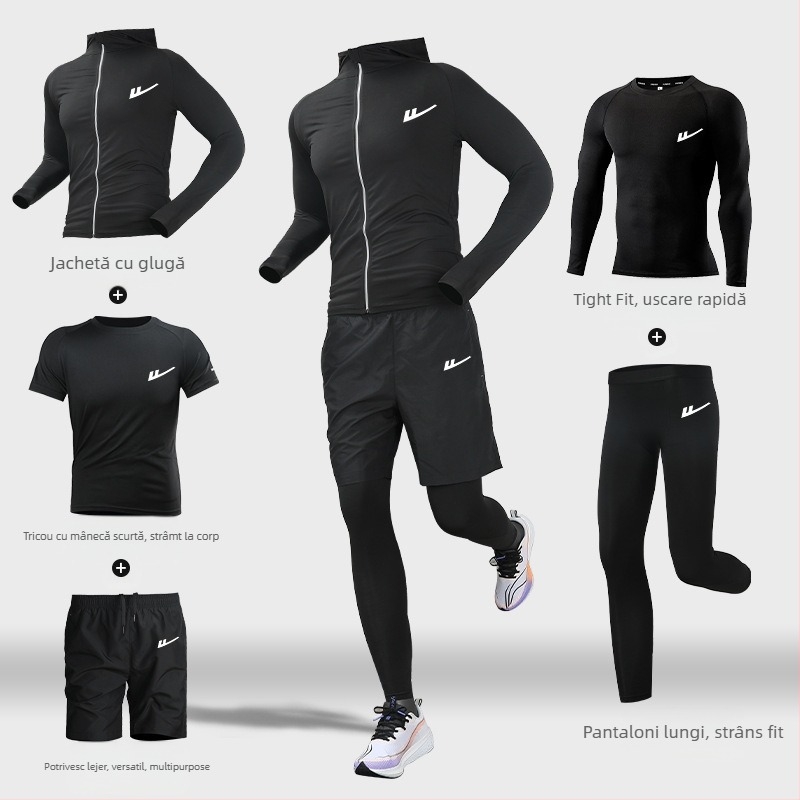 Set de antrenament pentru alergare pentru bărbați – două piese, respirabil, absorbție a umidității, uscare rapidă, guler rotund, mâneci scurte, material poliester-elastan