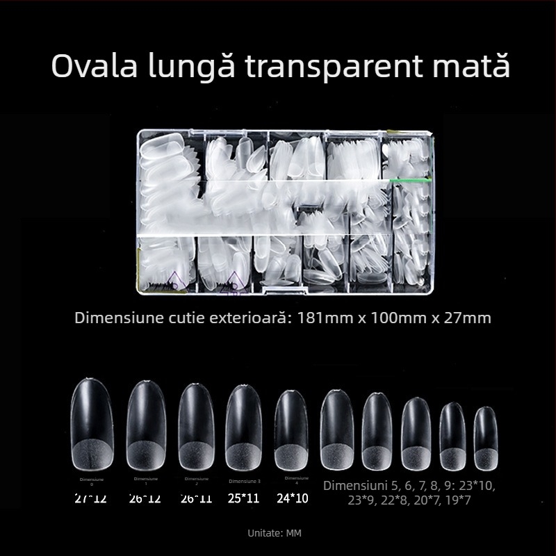 Unghii false transparente, lipire, fără pilire și urme; cutie cu 500 buc.; forme trapezoidal, picătură de apă și pătrate; includ autocolante pentru unghii.